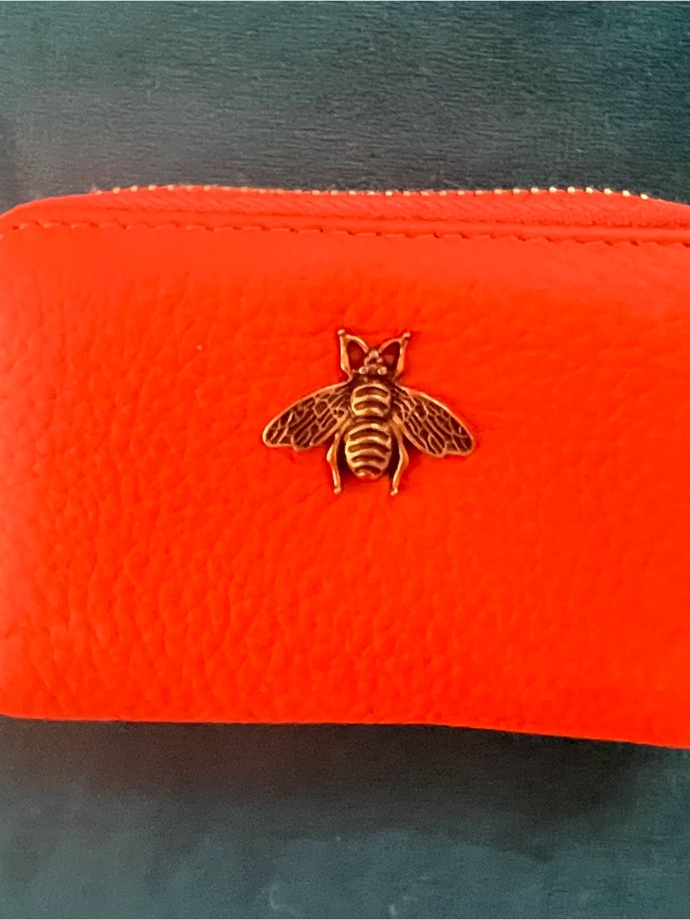 NWOT Summer orange! Leather Zip Wallet with Bee Accent